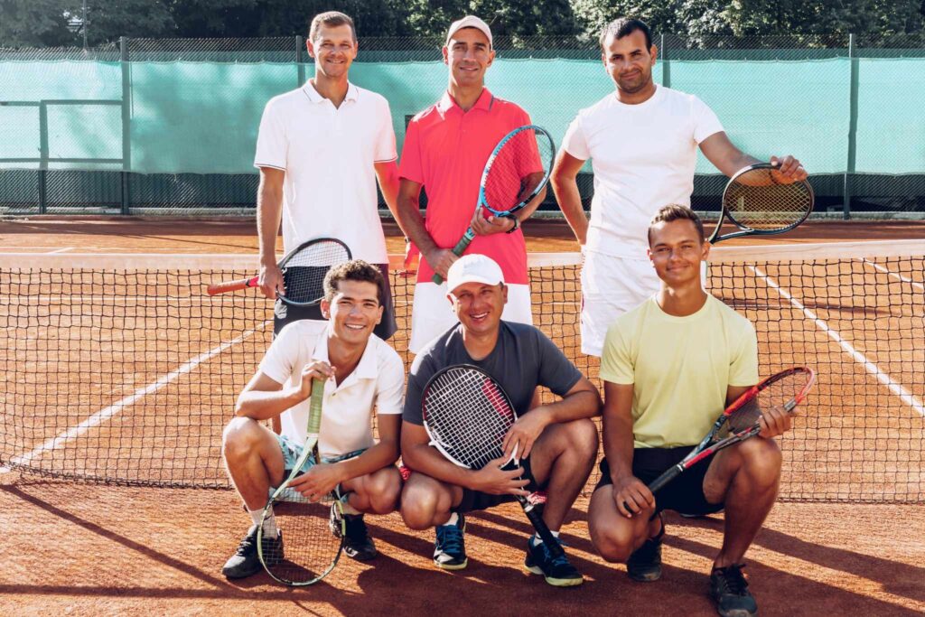 Enam pemain tenis pria tersenyum ke arah kamera dalam sesi foto bersama di lapangan tenis.