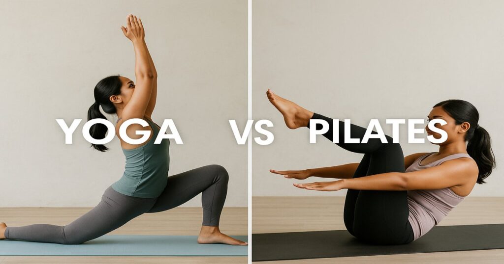 Ilustrasi perbandingan yoga dan pilates: satu orang melakukan pose yoga, satu orang latihan pilates di matras